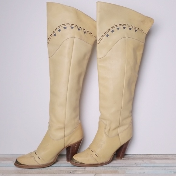 Rare 1969 Zodiac Leather KneeHigh Embroidered Steel Toe Boot Sz 8 wood heel - Picture 2 of 11